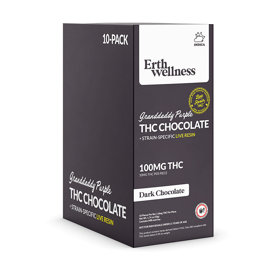 Δ9 THC Chocolate Bar – Granddaddy Purple (Indica) | Live Resin | Dark Chocolate (100mg)